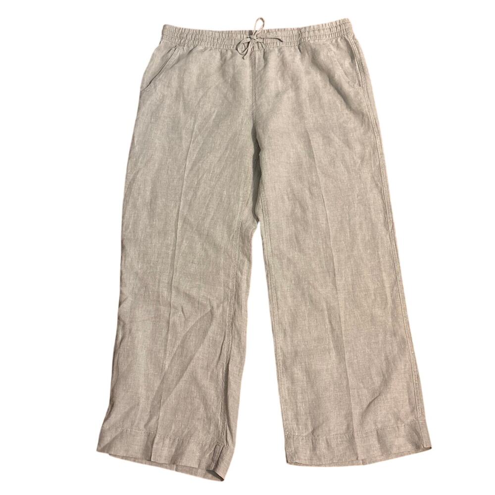 LL Bean Plus Size 16 Petite 26P Wide Leg Pants 100% Linen Beige Oatmeal